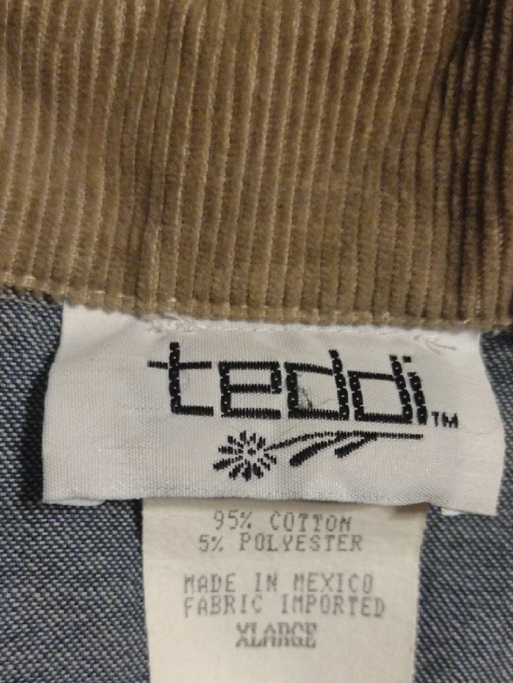 Vintage Teddi Blue Denim Jacket with Tan Corduroy Collar and Red Stitching - Picture 2 of 14